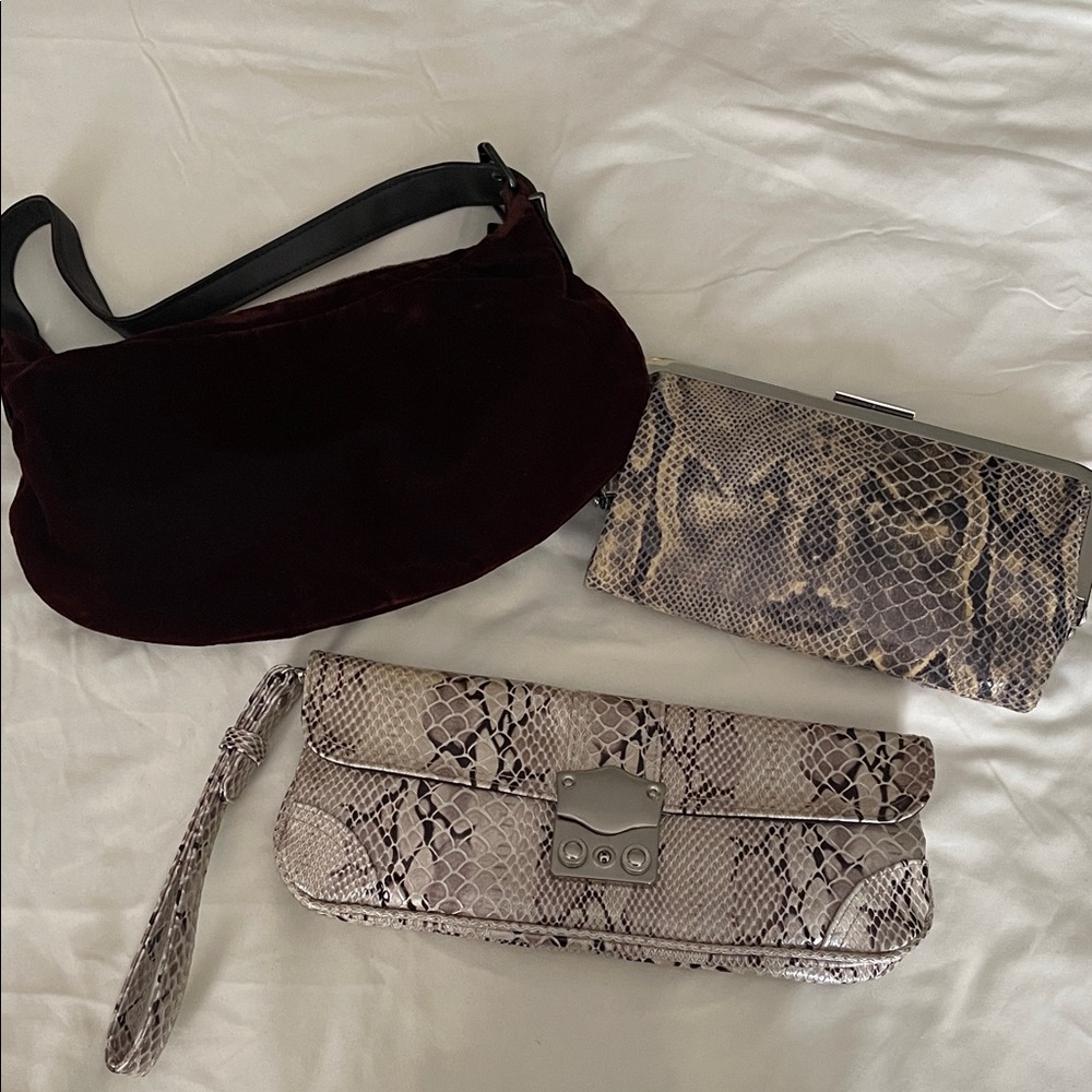 Multiples Burgundy and Snake Print Clutch Set